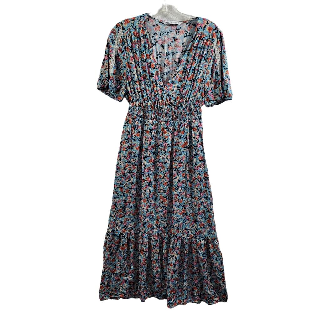 Zara Blue & Red Floral Midi Dress Short Sleeve Size L 4924-1134 - Picture 10 of 10